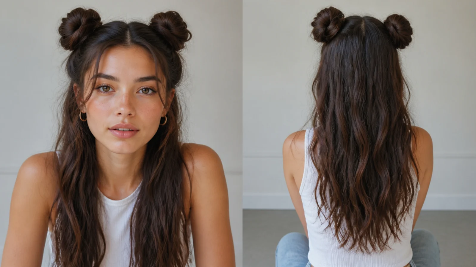 Long hair twisted into rope space buns