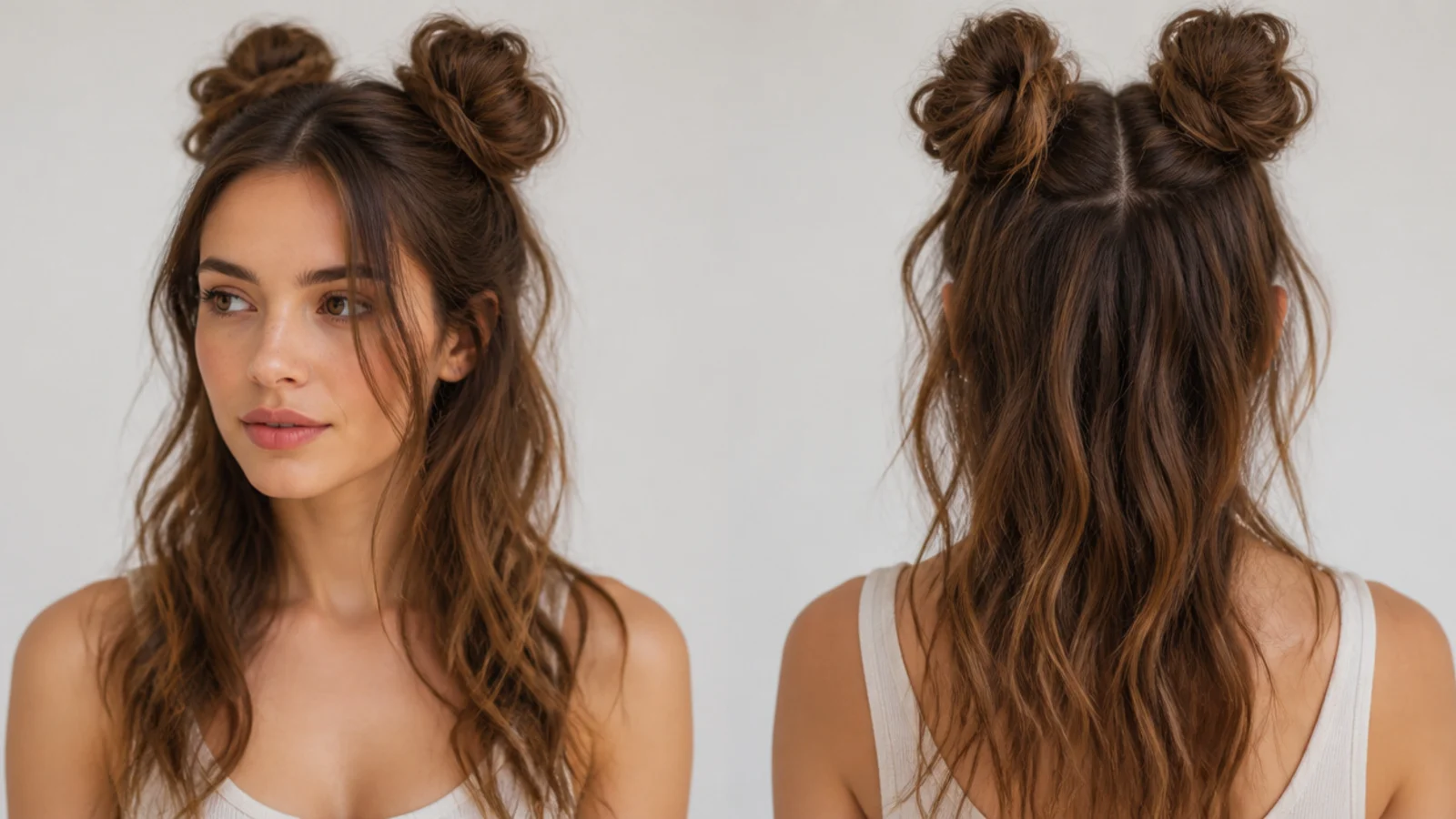 Two soft, messy space buns on long hair with loose pieces