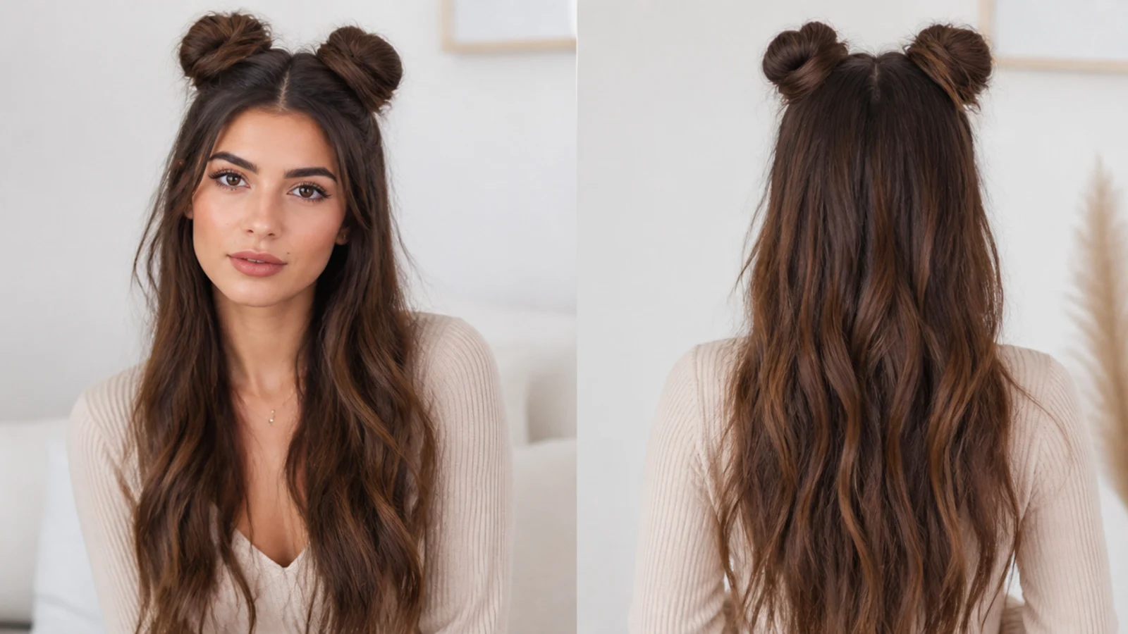 Half-up space buns with long hair flowing down