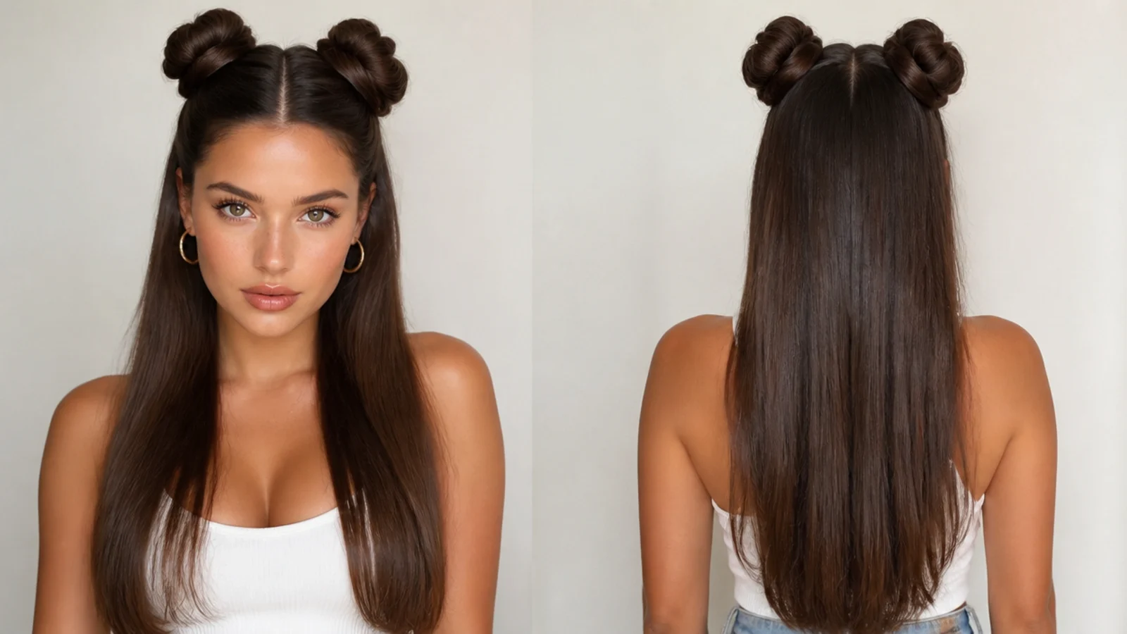 Sleek, smooth space buns on long straight hair