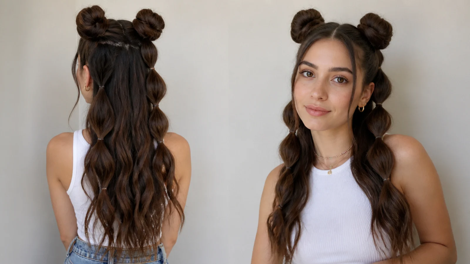 Long hair in bubble braids leading up to space buns