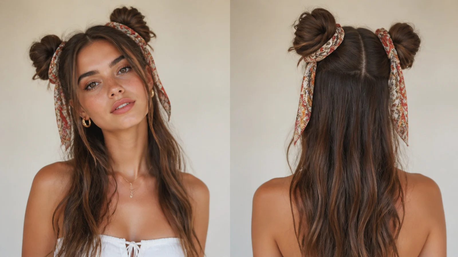 Long-hair space buns wrapped with printed scarves