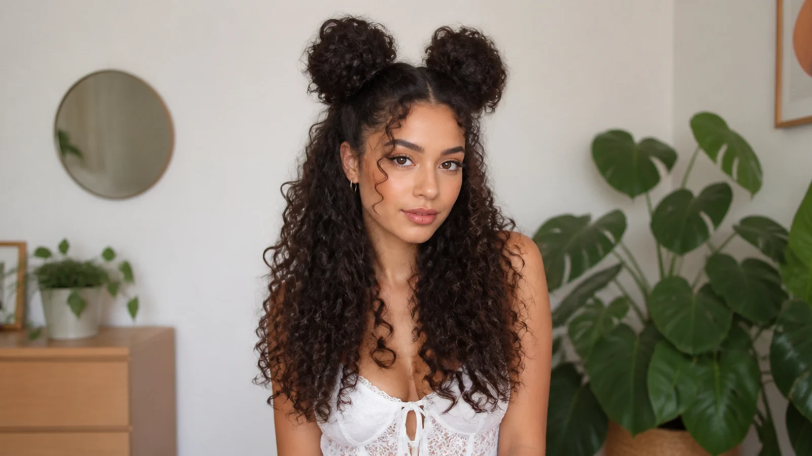 Two big curly space buns on long curly hair