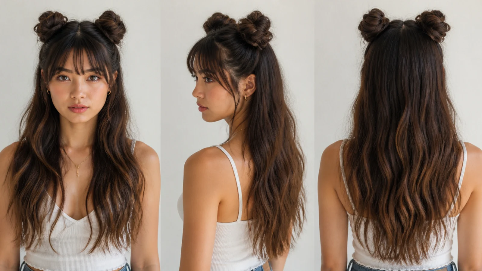 Long-hair space buns worn with bangs