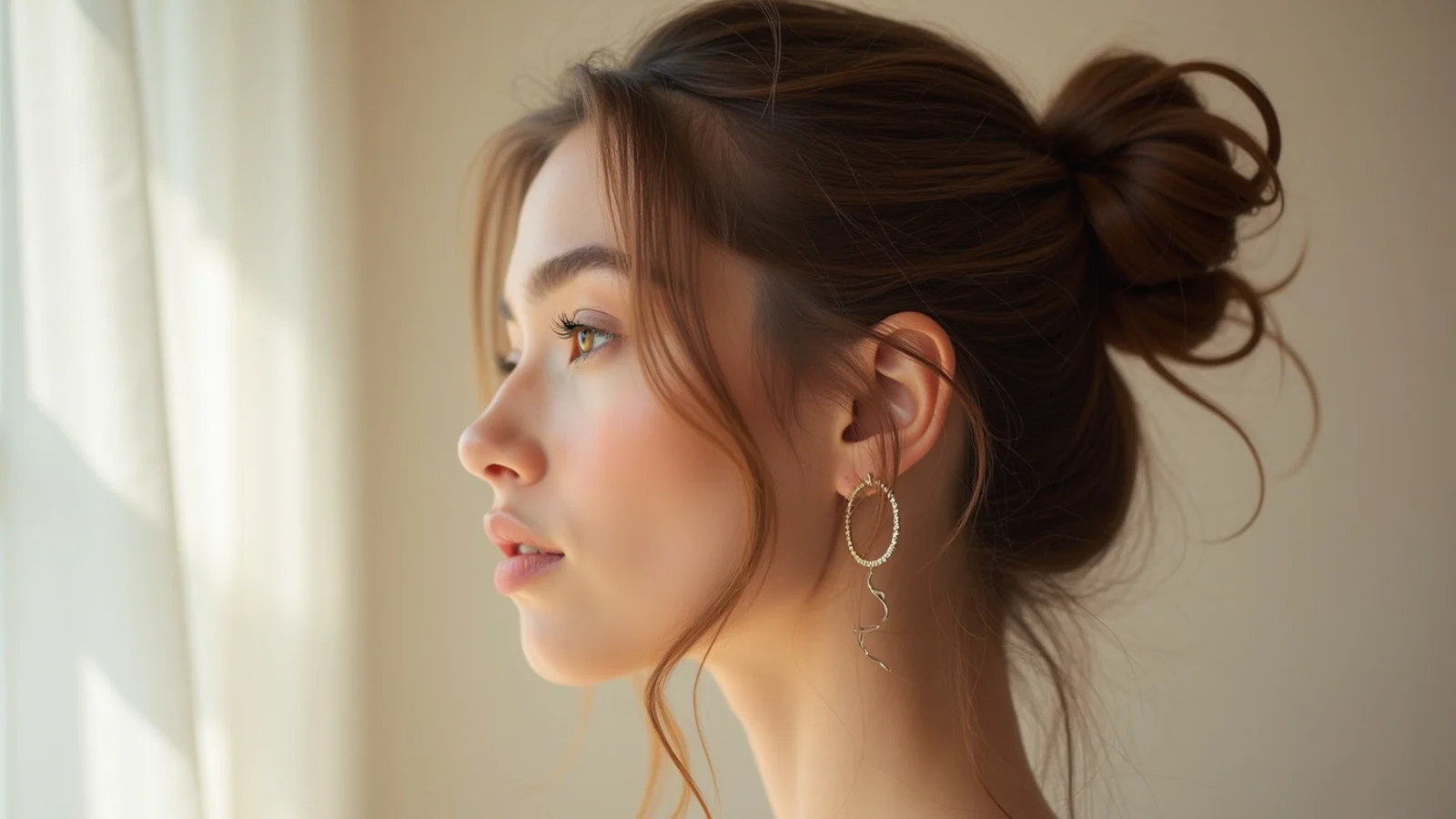 Long-hair space buns with curled face-framing pieces