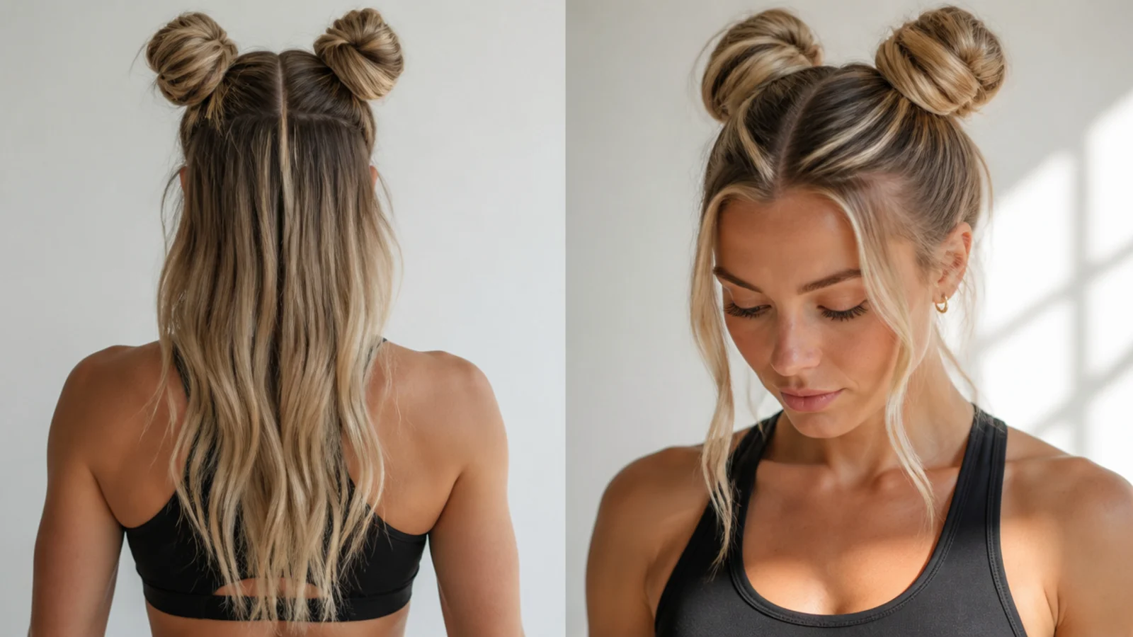 Practical, secure space buns on long hair for the gym