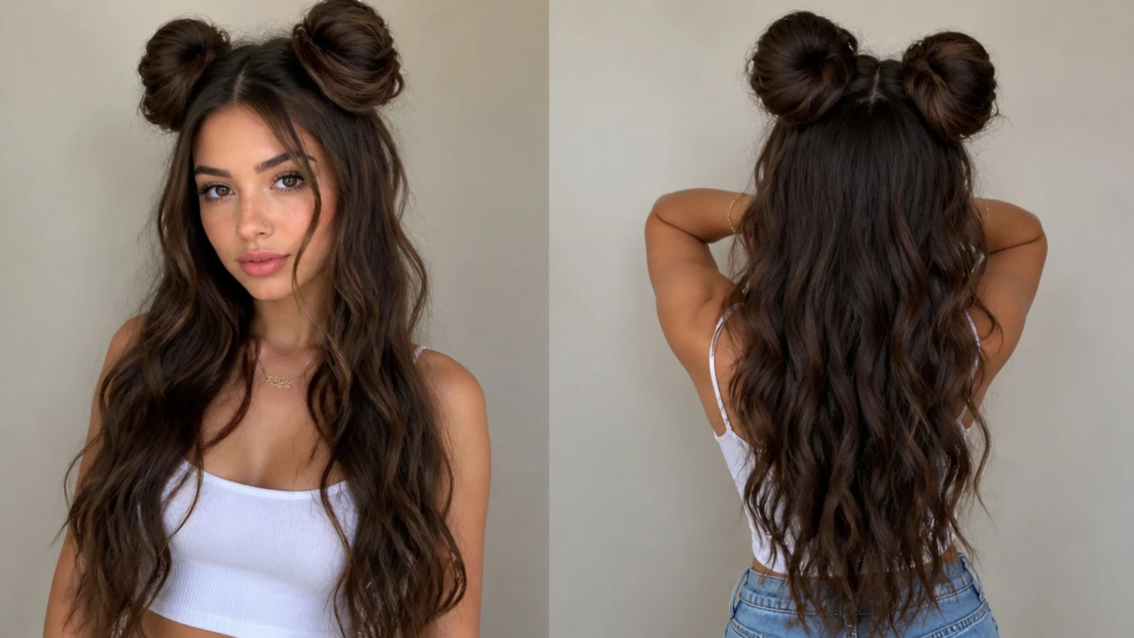 Two oversized jumbo space buns on very long thick hair