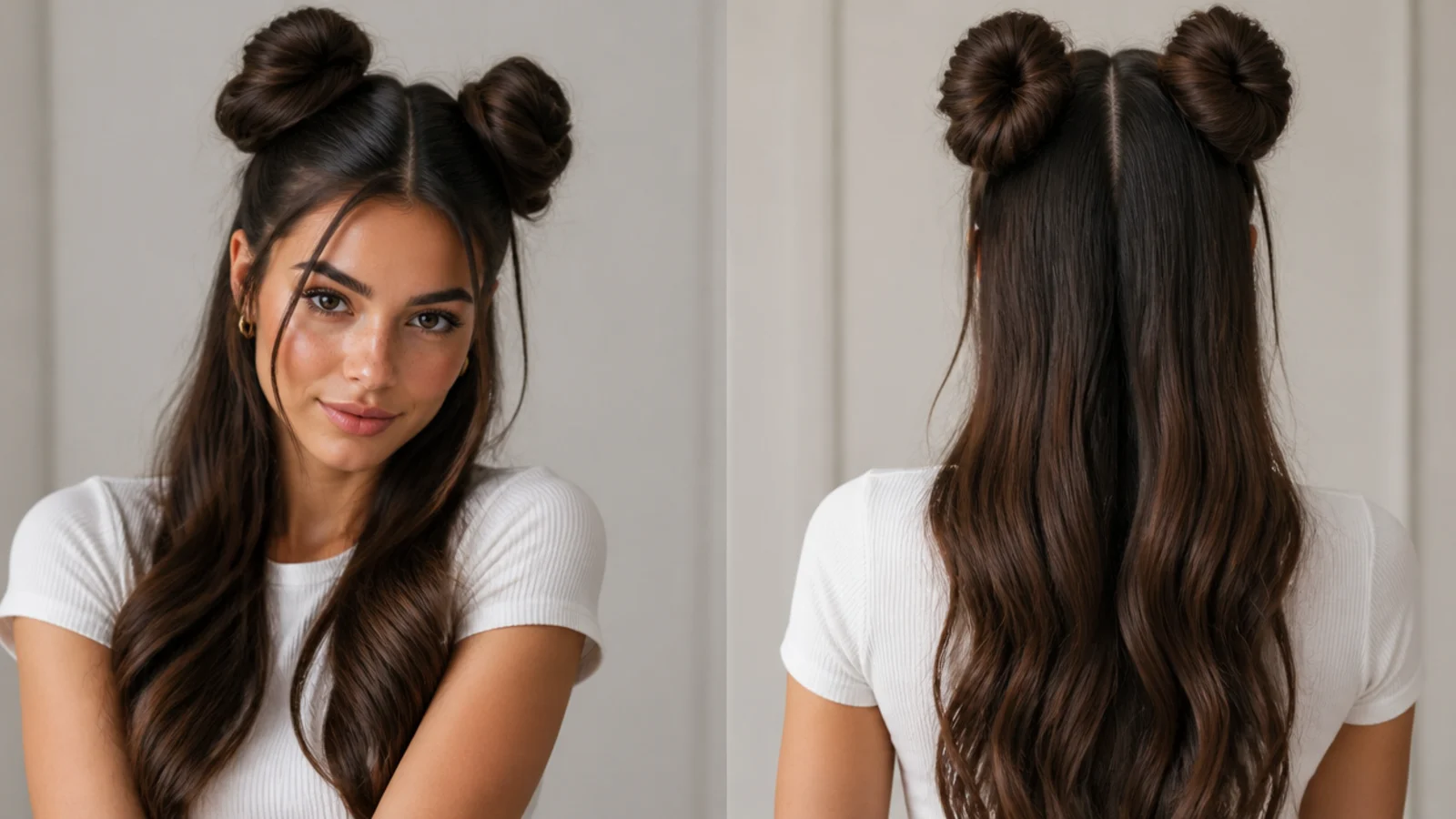 Two full, secure space buns on long thick hair
