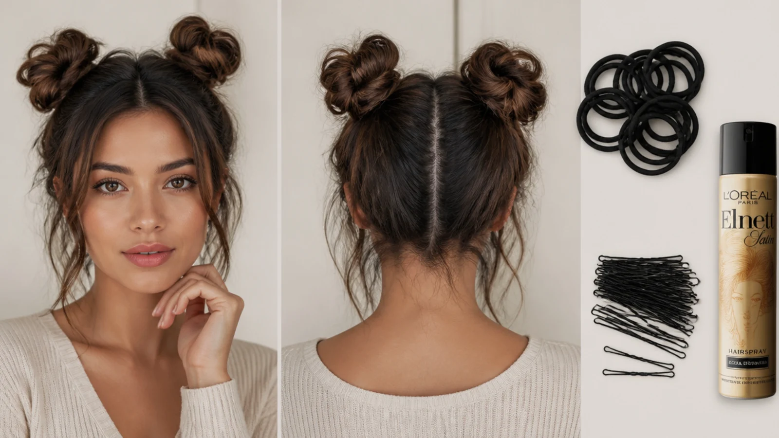 Strong elastics, plenty of bobby pins and hairspray for long-hair buns