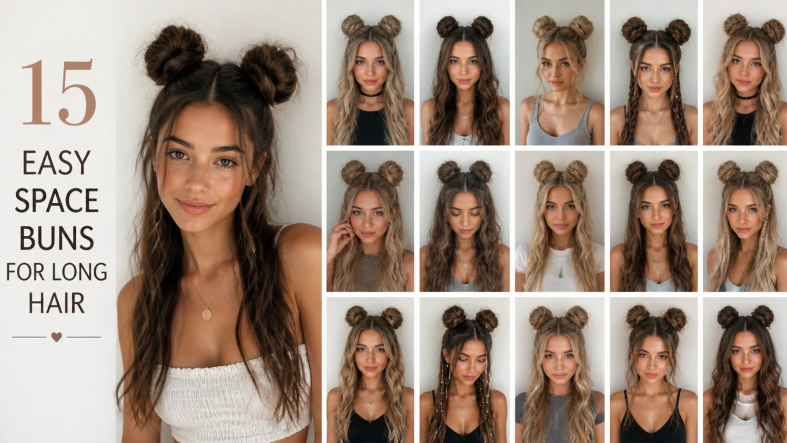 15 easy space buns for long hair, vertical Pinterest style