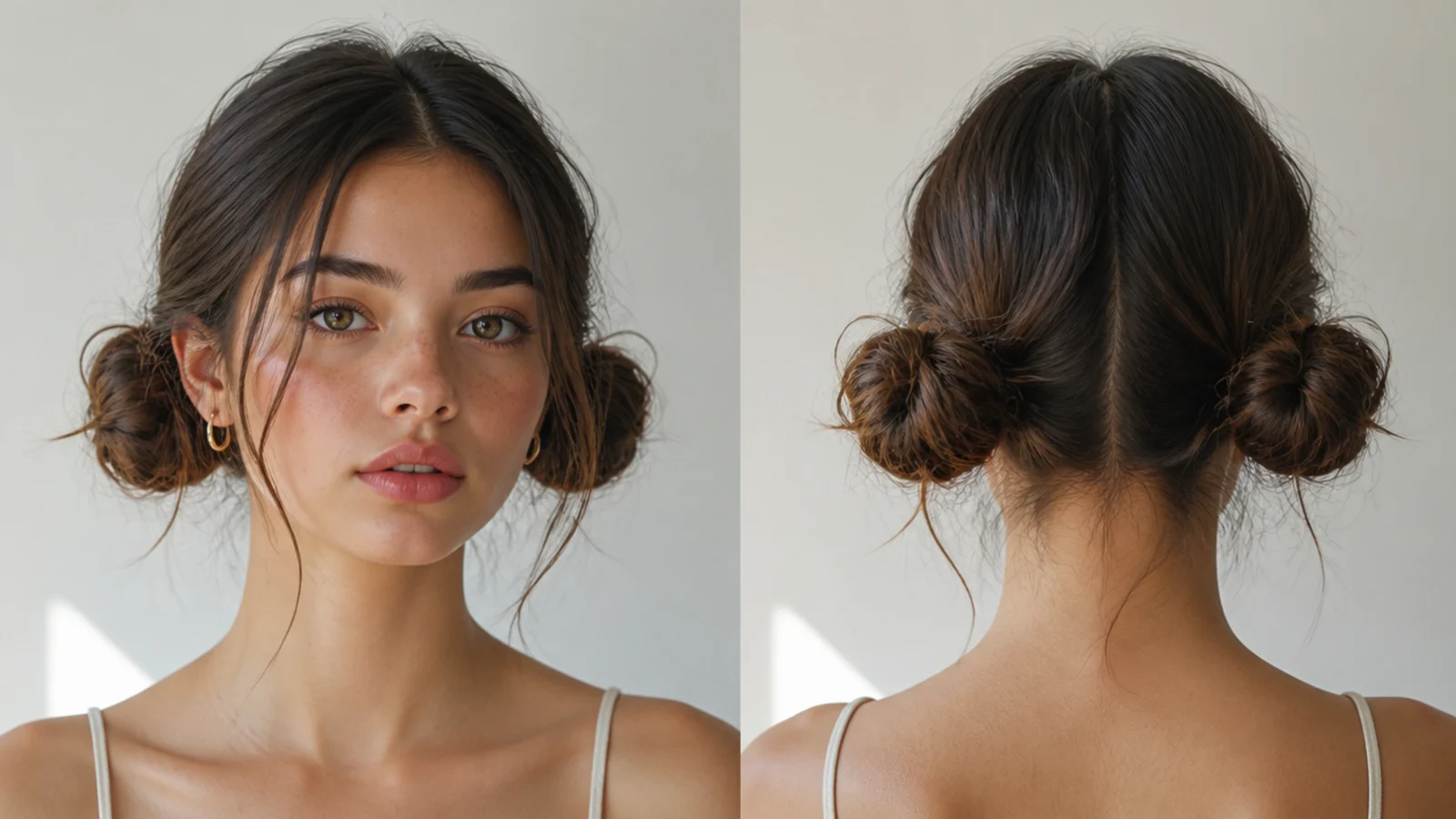 Two soft, slightly undone low space buns with face-framing pieces
