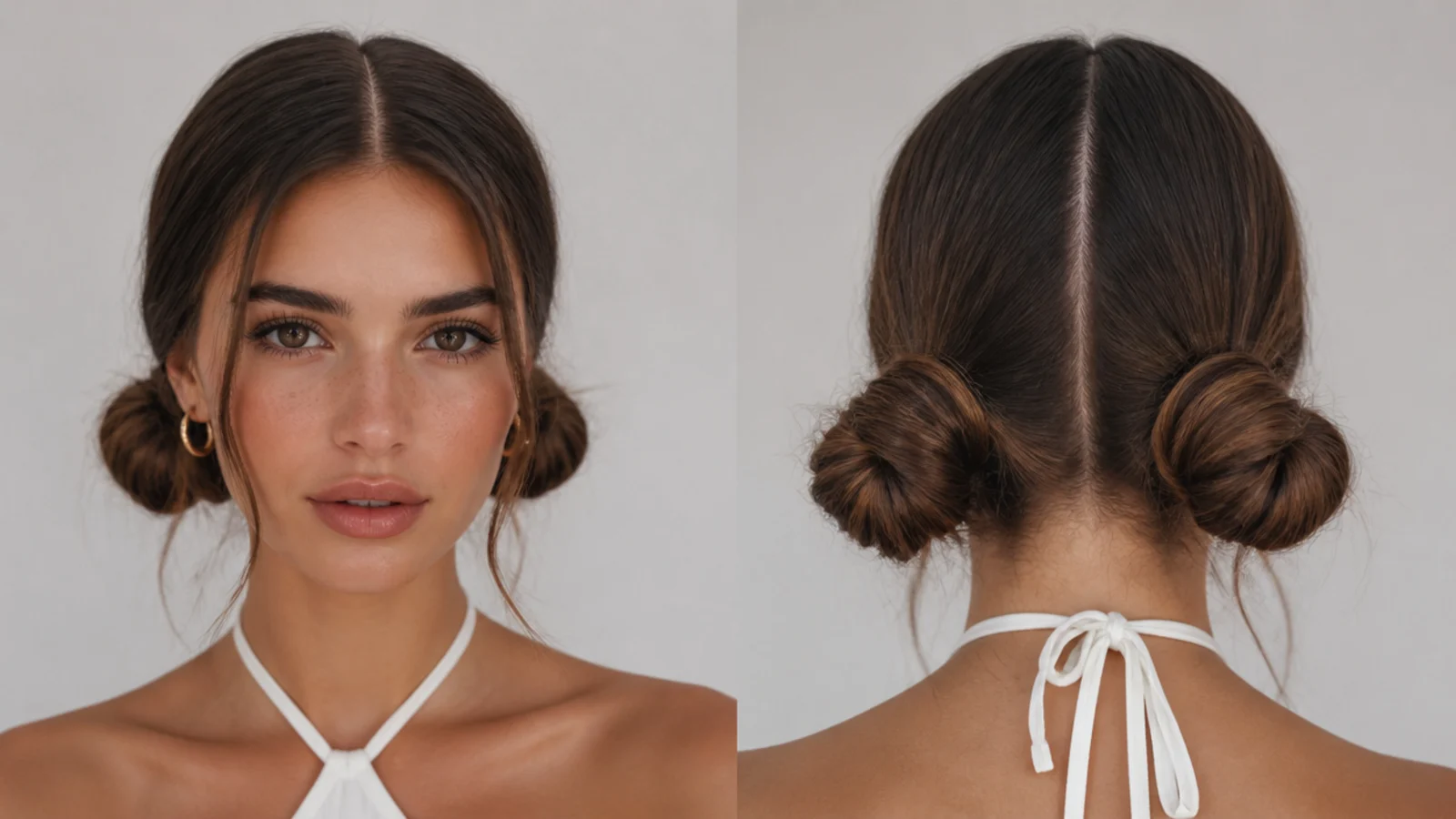 Low space buns with a clean center part between them