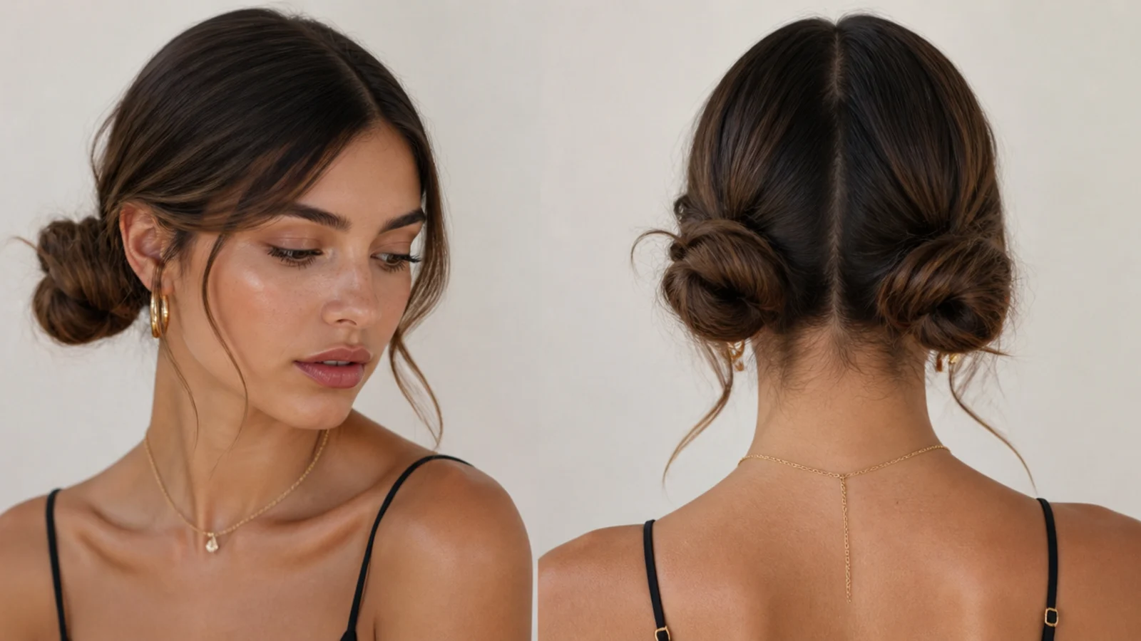 Low space buns with a deep side part for a modern look