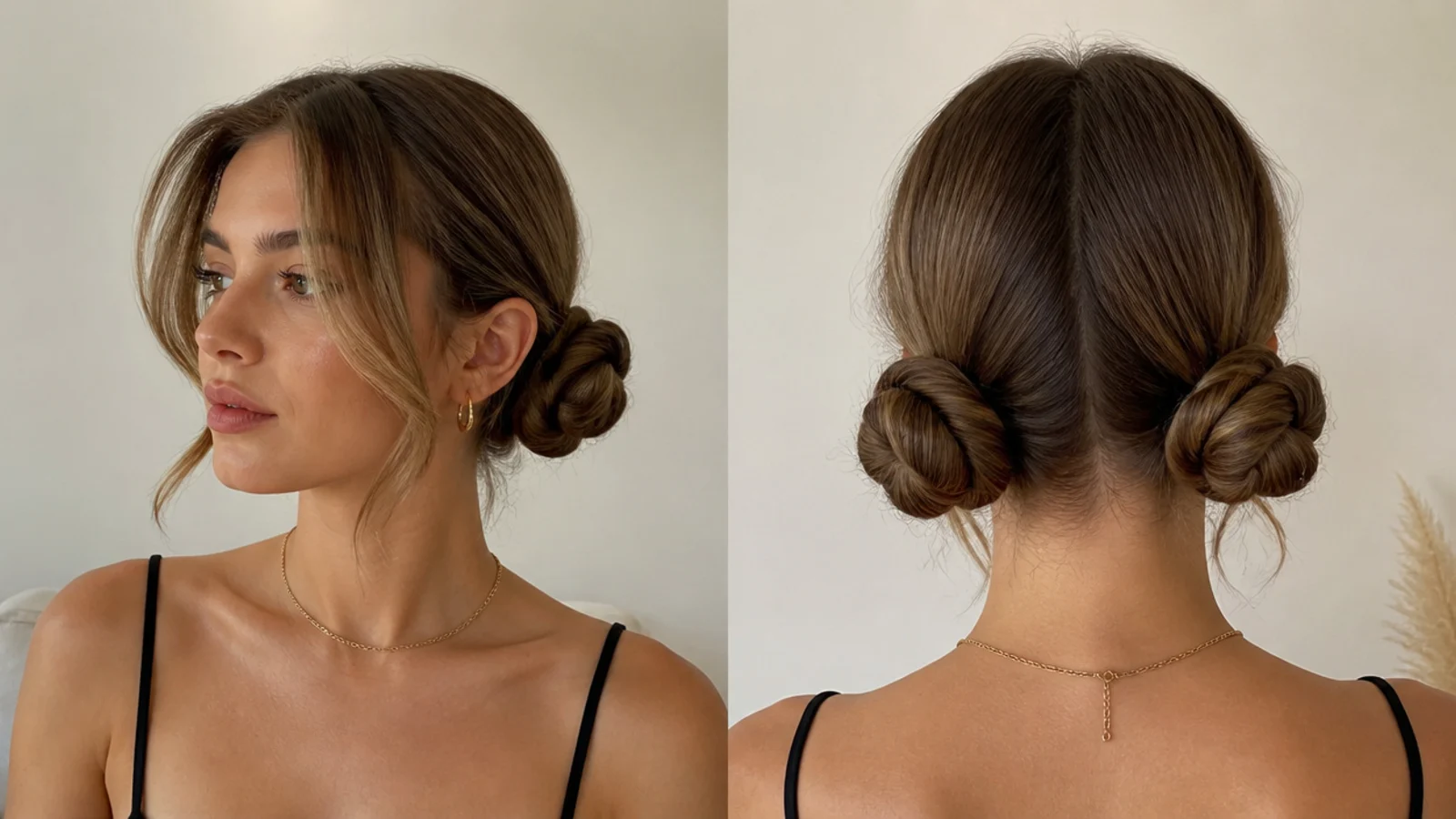 Two twisted rope low space buns for a neat finish