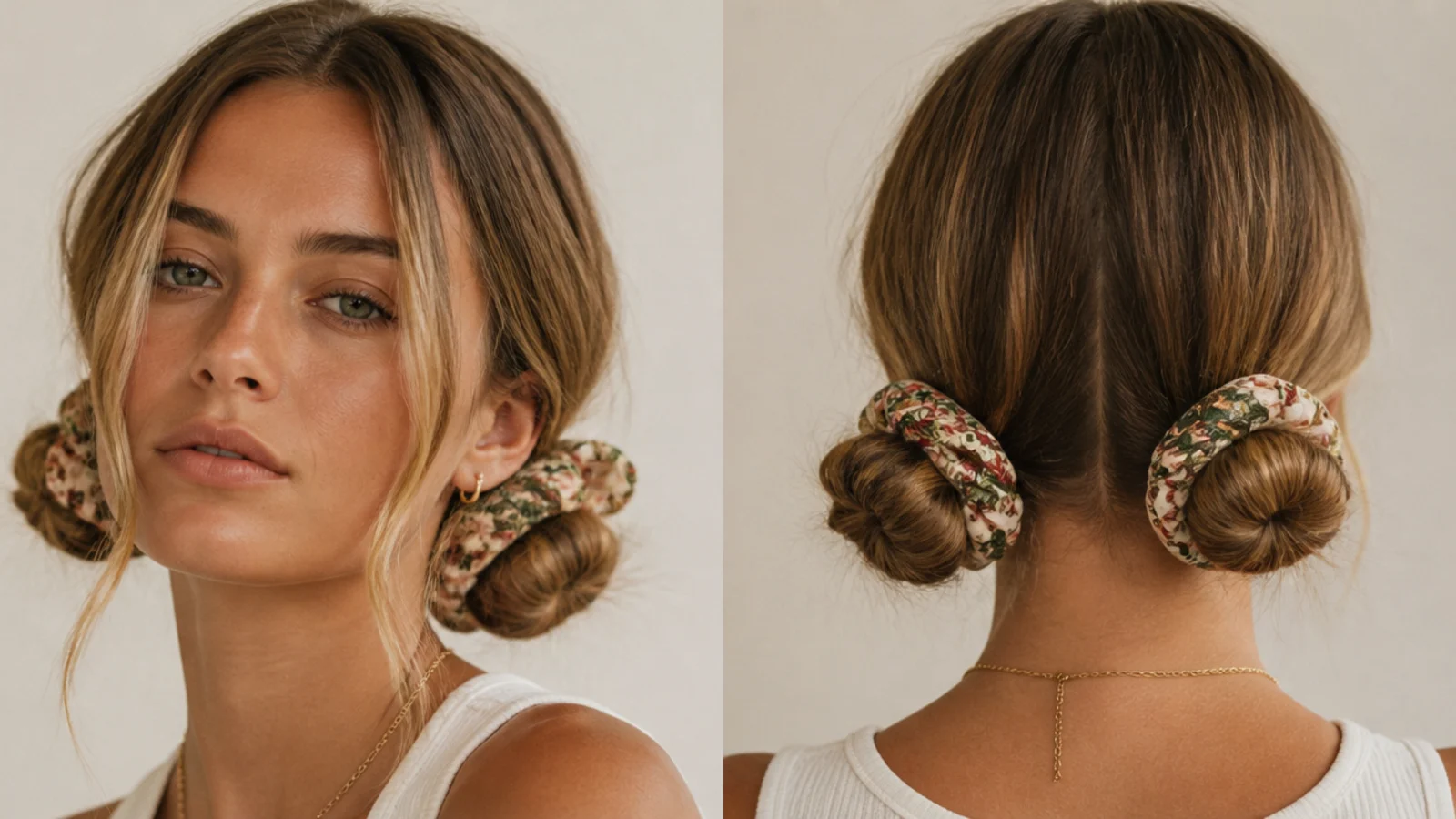 Low space buns finished with a printed silk scarf