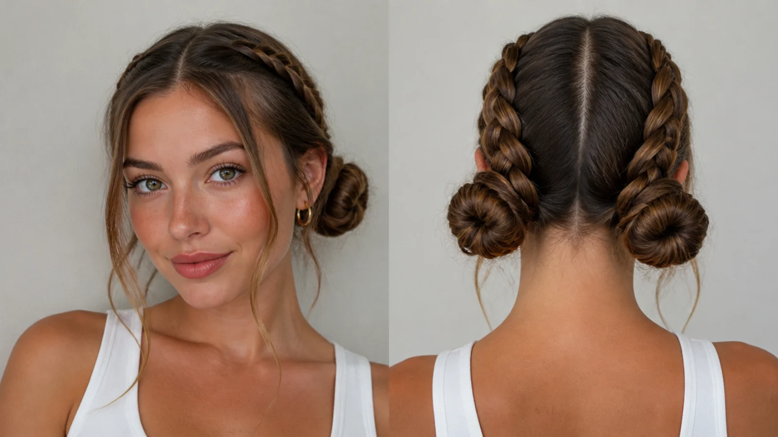 Low space buns with braids leading down into each bun