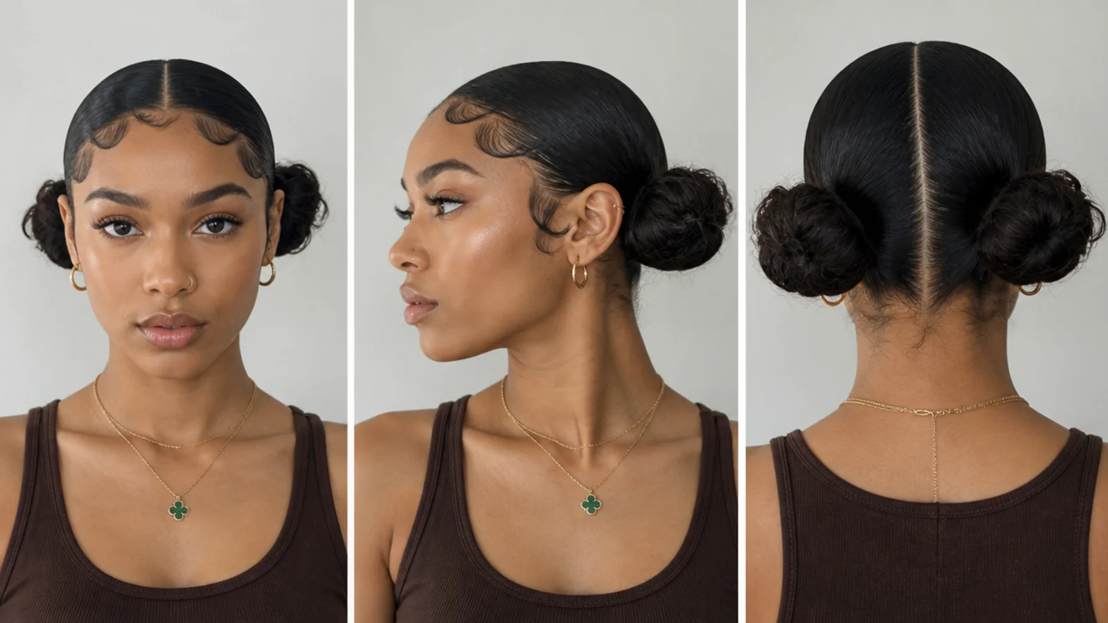 Sleek low space buns with neatly laid edges
