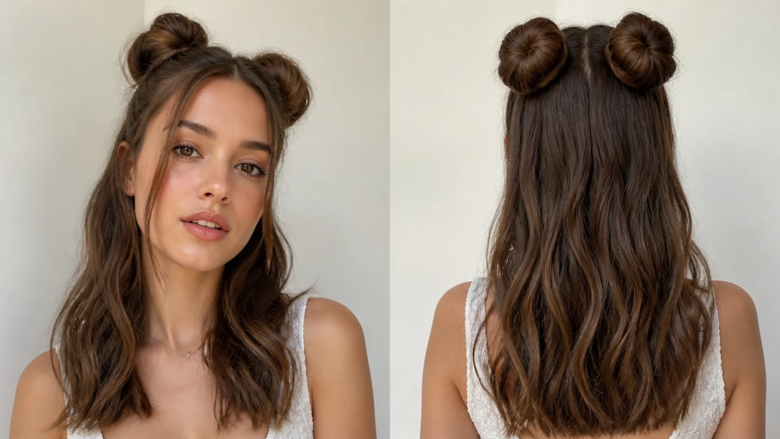 Low half-up space buns with the rest of the hair down