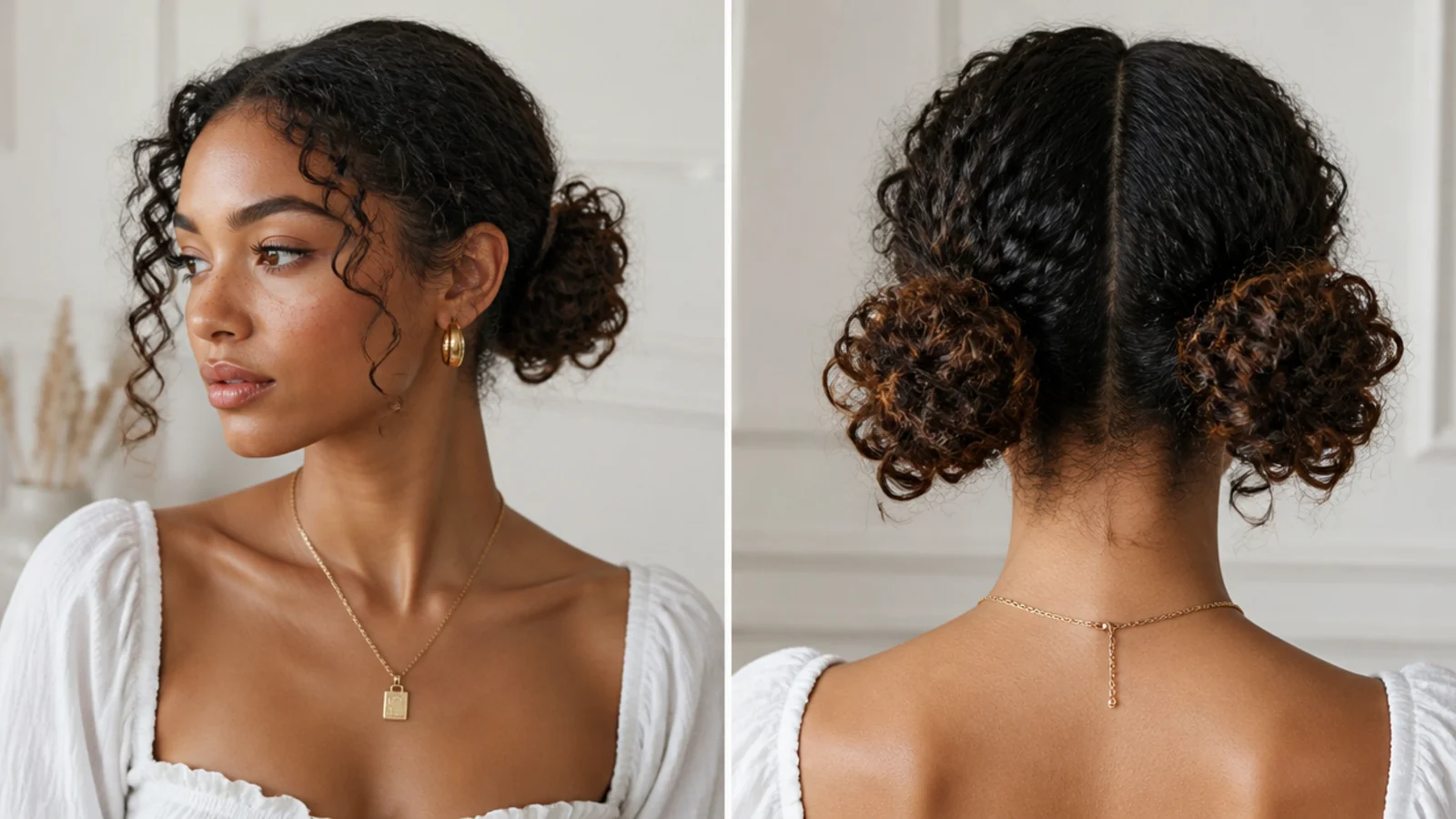 Two low curly space buns with defined curls
