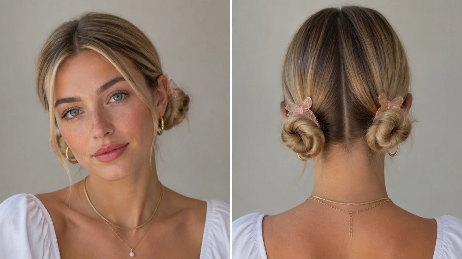 Low space buns finished with small decorative clips