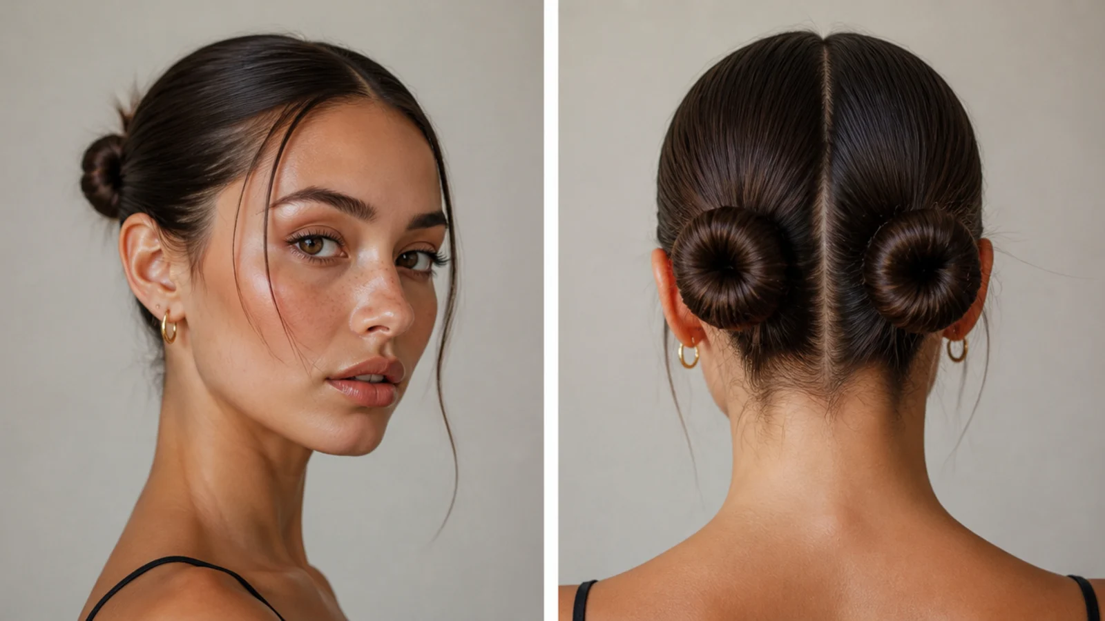 A matched pair of small, sleek low space buns