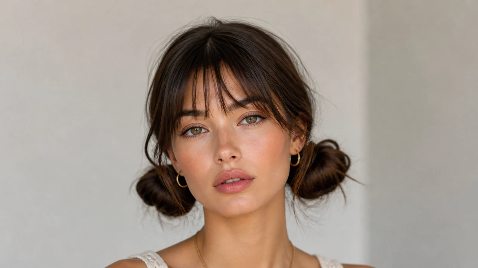 Low space buns worn with soft bangs