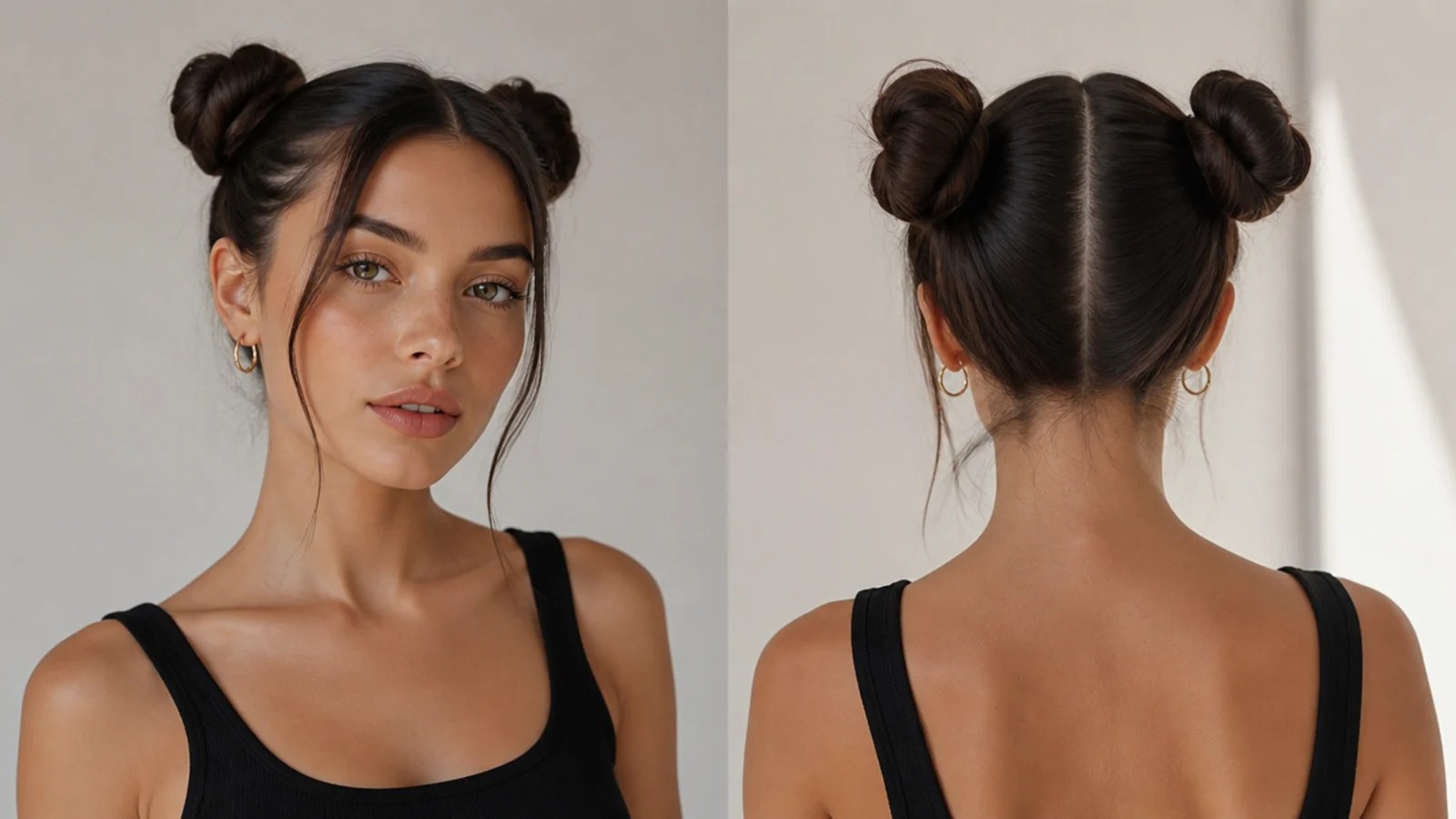 Glossy, high-shine low space buns for a polished look