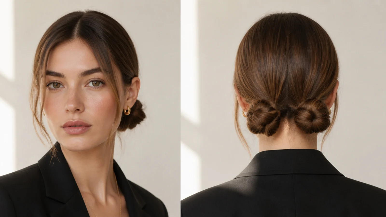 Two sleek low space buns at the nape for a polished, work-appropriate look