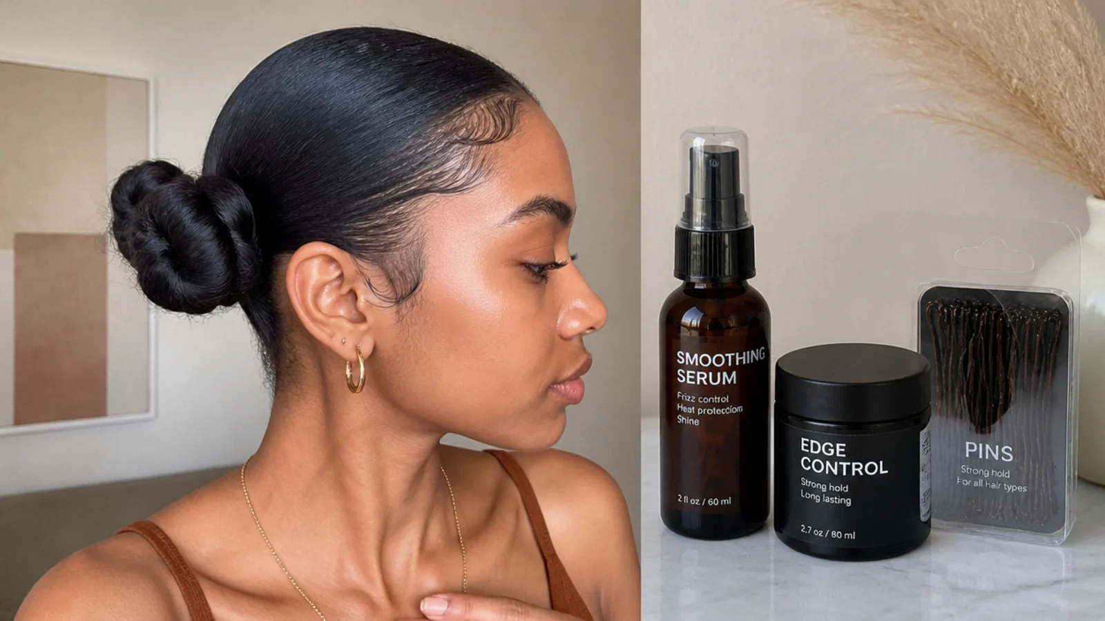 Smoothing serum, edge control and pins for polished low space buns