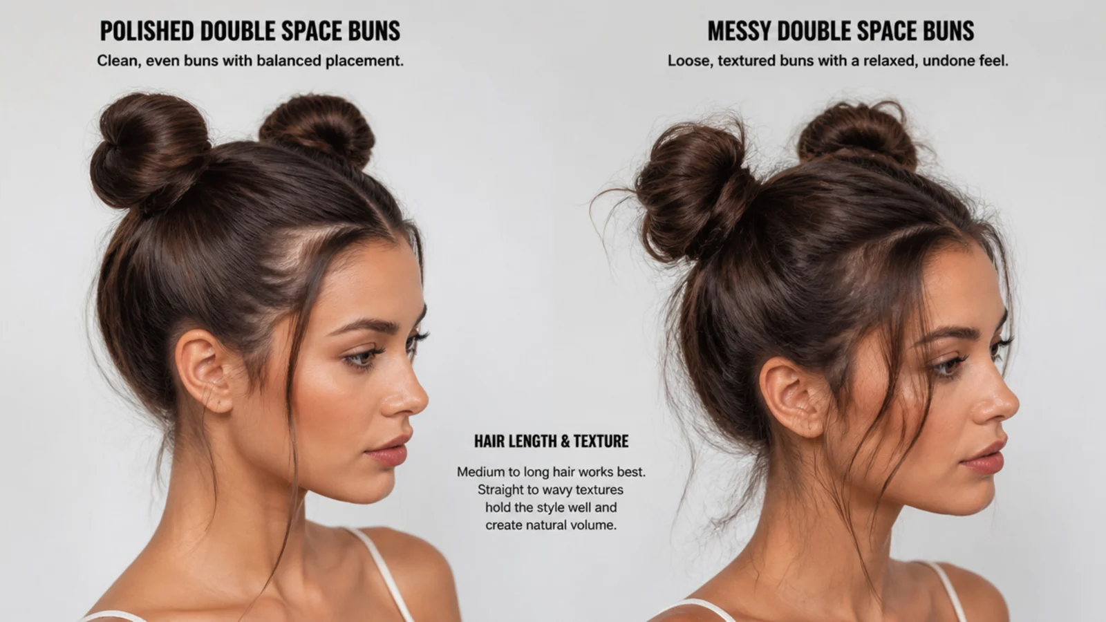 A neat, even low space bun look versus a messy, uneven one