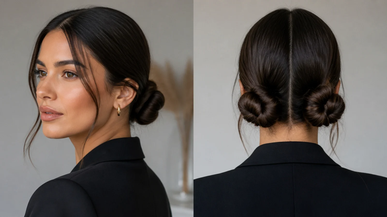 A sleek, polished low space bun look suitable for the office
