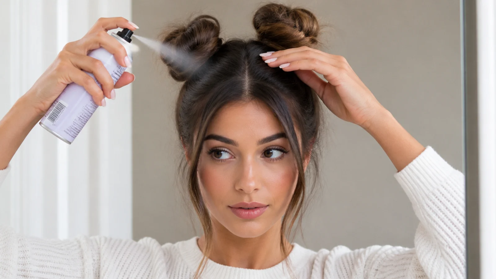 Spraying texture spray or dry shampoo into hair before styling space buns