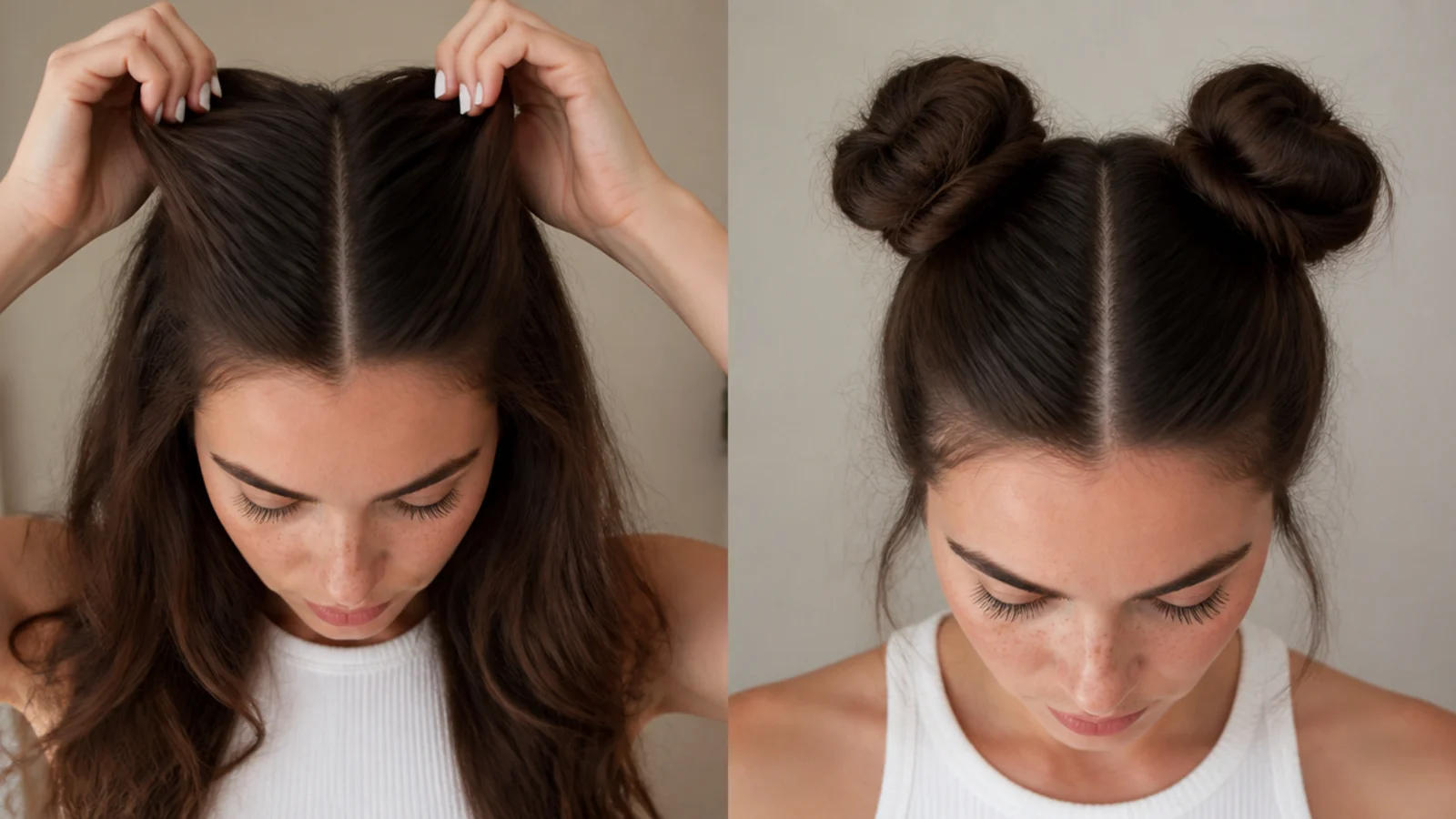 Parting hair cleanly down the middle into two even sections