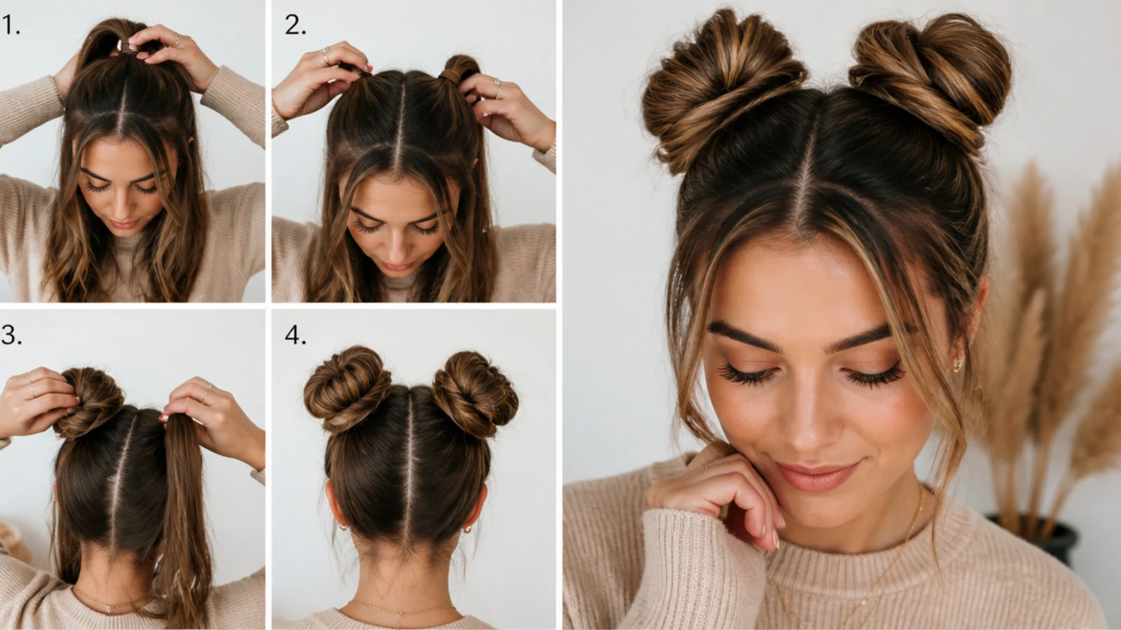 Tying two even ponytails at the crown for high space buns