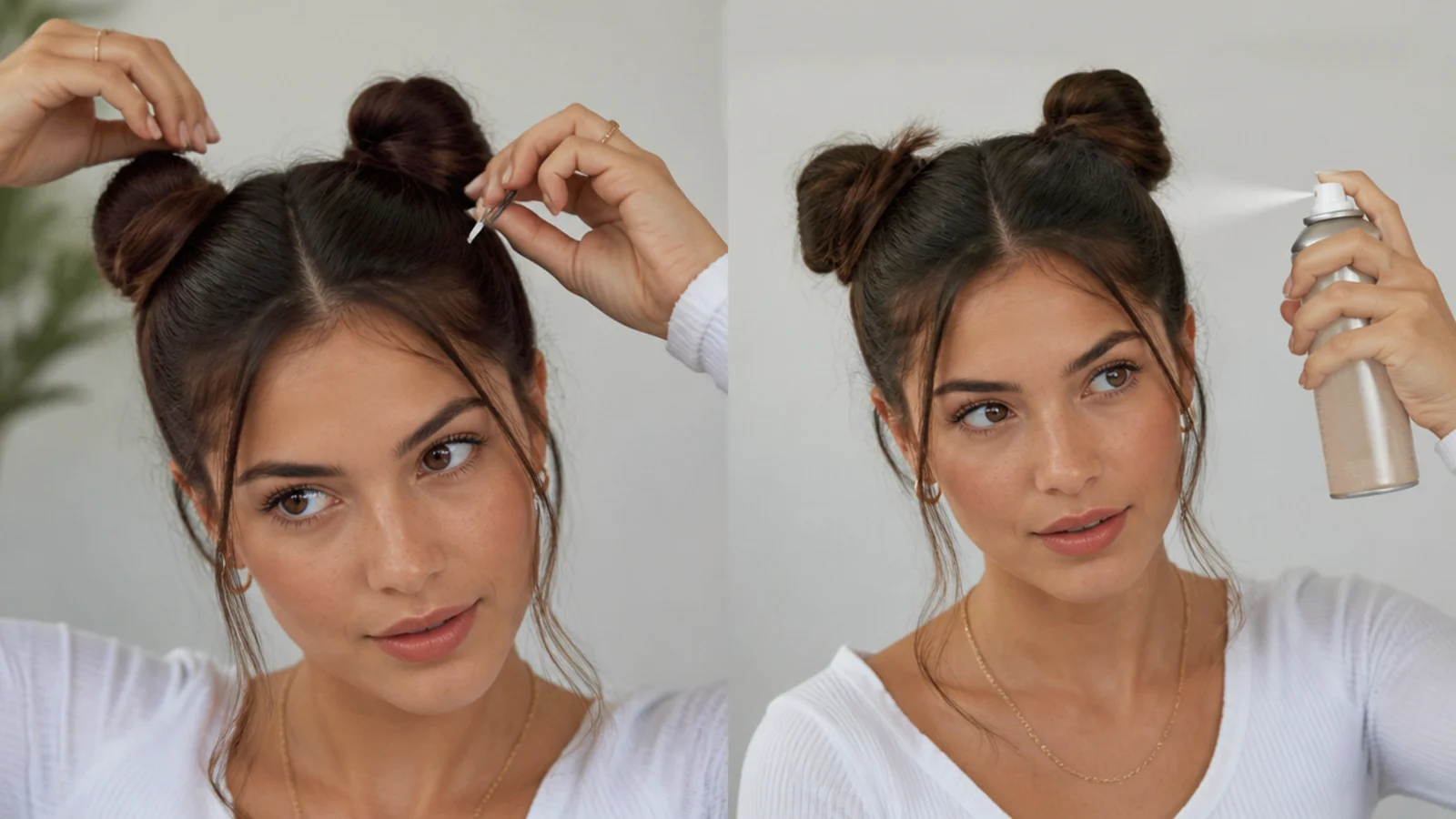 Pinning space buns with bobby pins and misting with hairspray