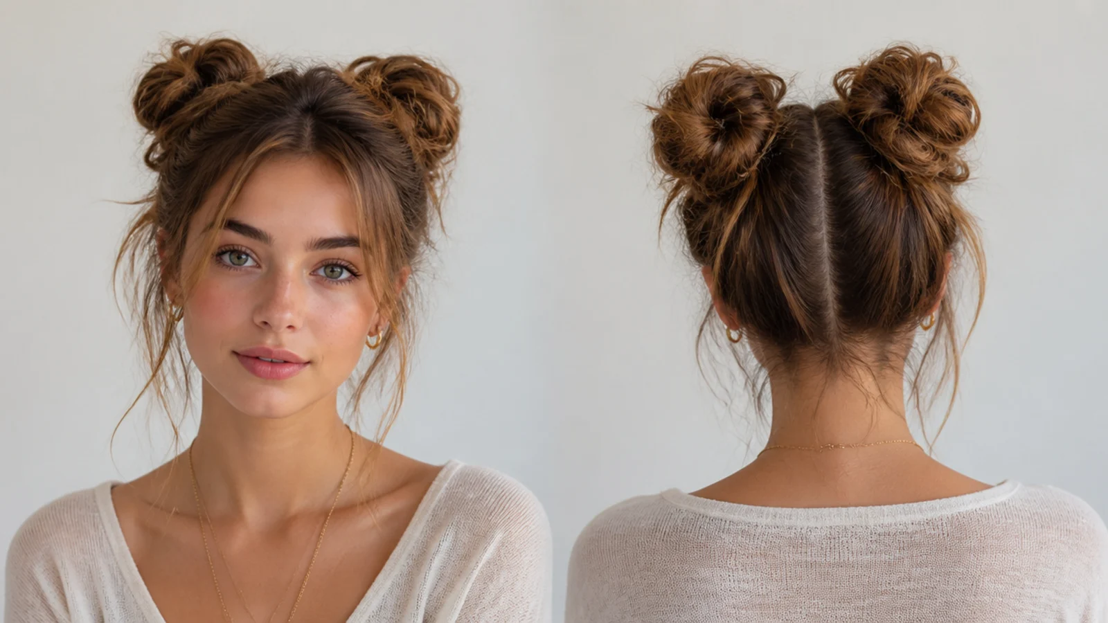 Two effortless messy space buns with loose face-framing pieces