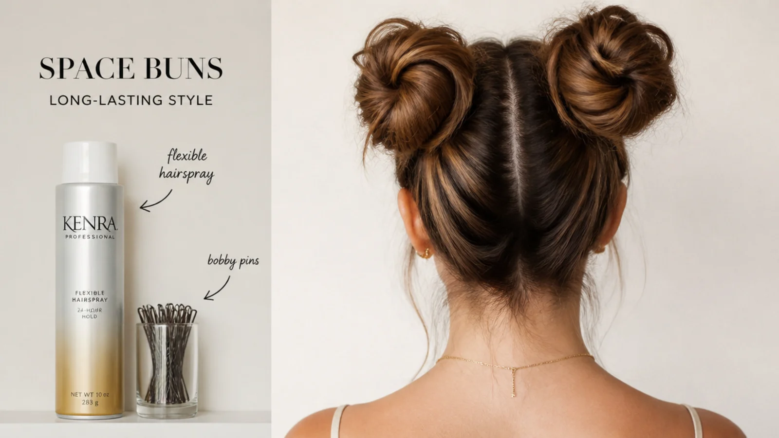 Bobby pins and flexible hairspray for long-lasting space buns