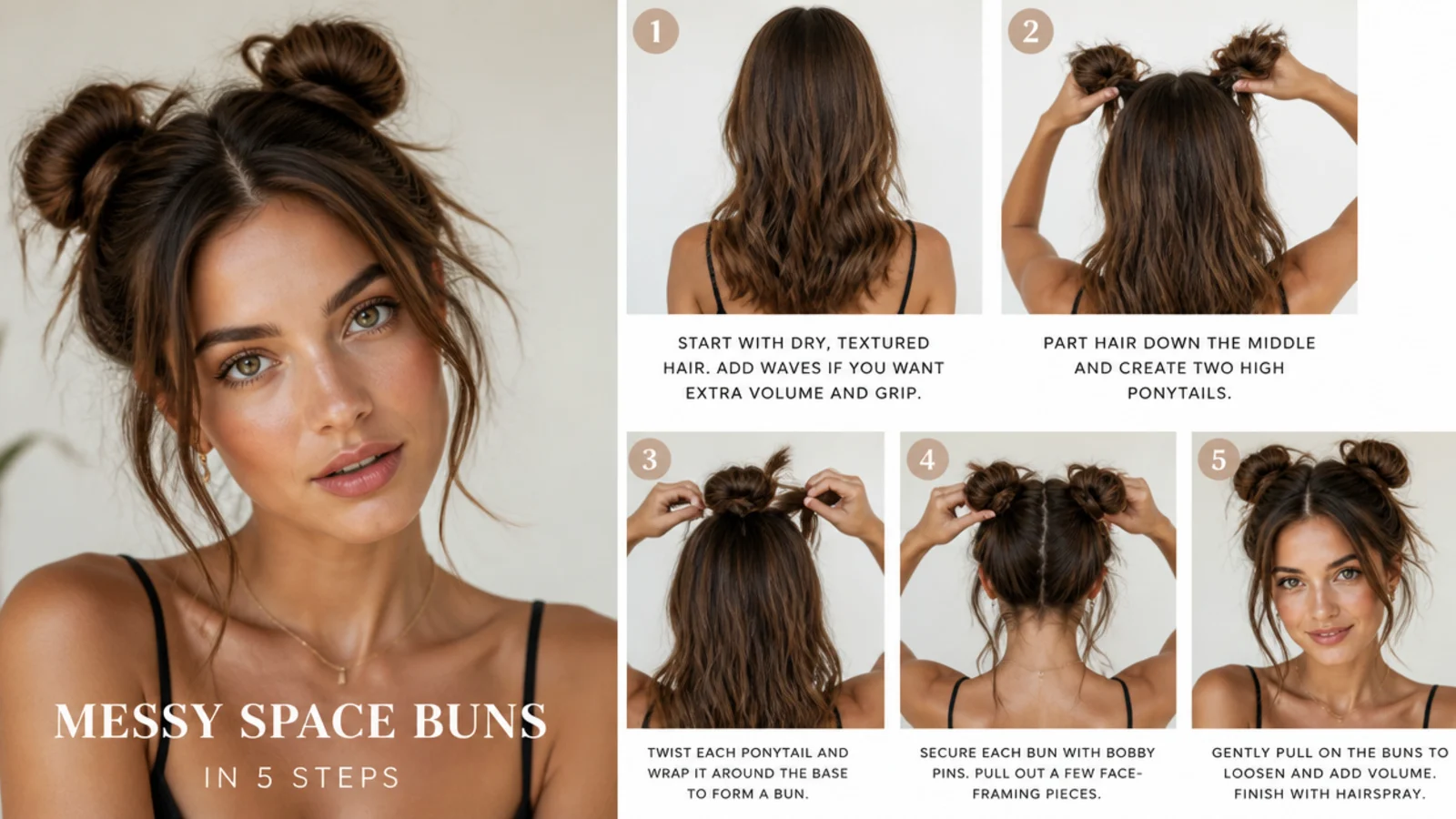 How to do messy space buns in 5 steps, vertical Pinterest style