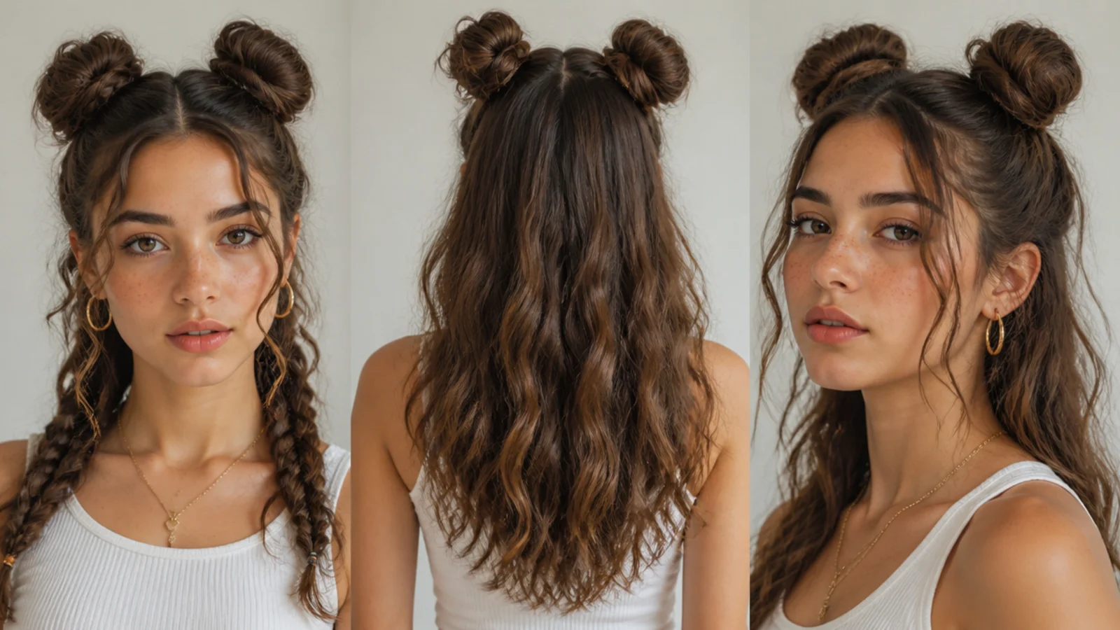 Messy space buns shown with braids, face-framing curls and a half-up version