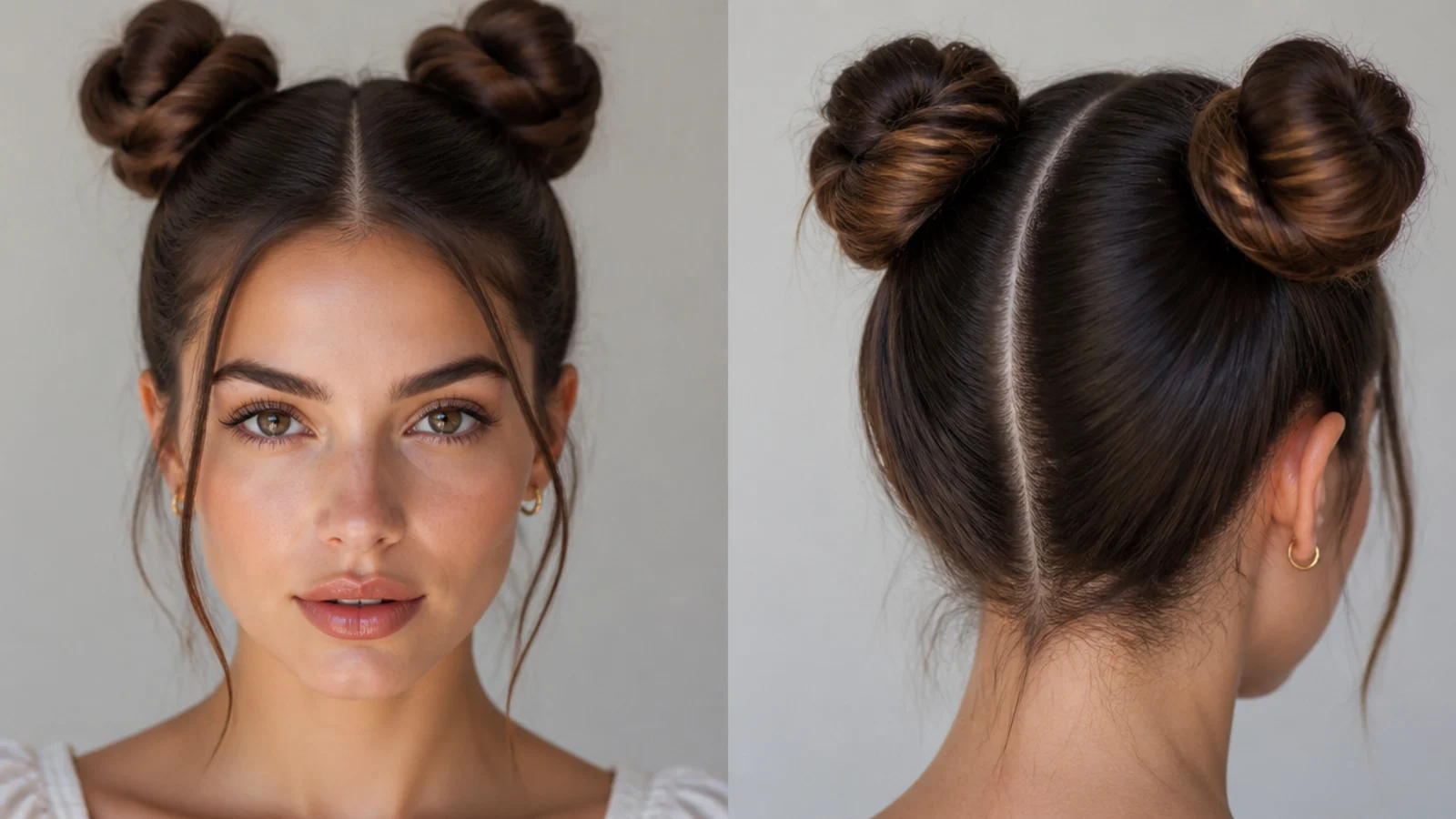 Two high, glossy slicked-back space buns