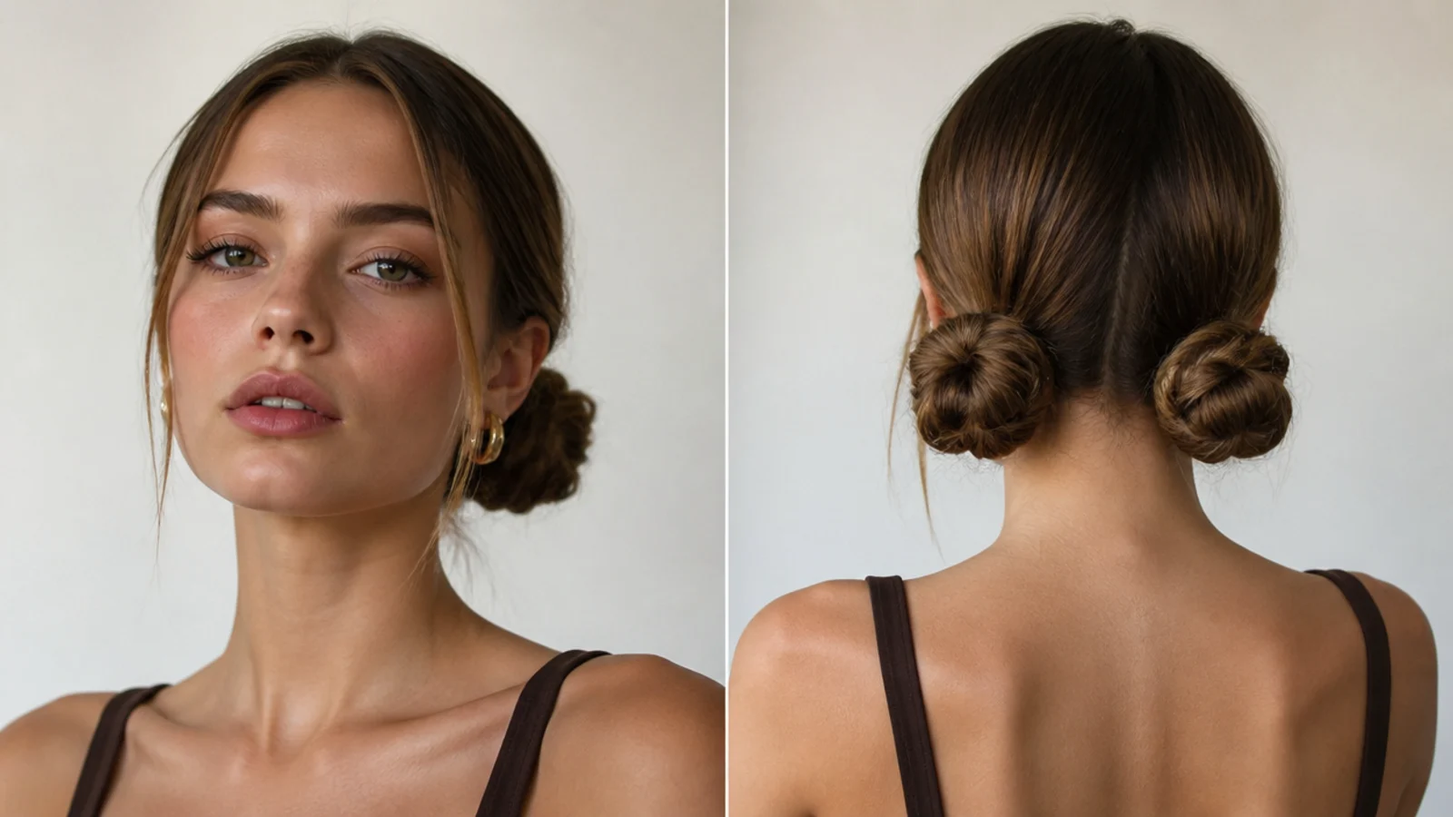 Two low, elegant slicked space buns at the nape