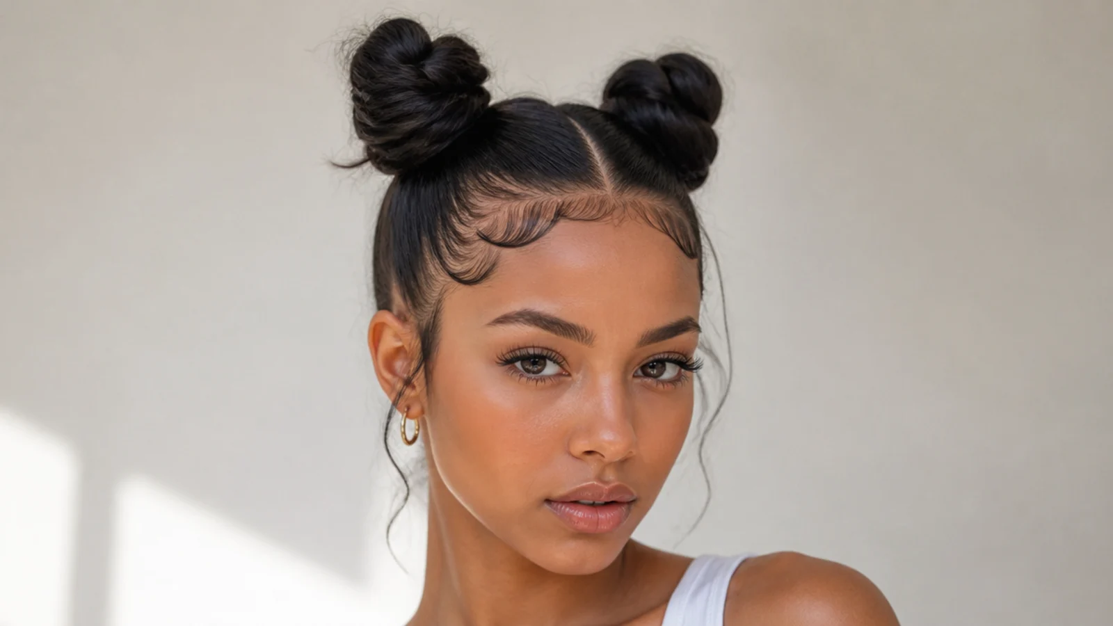 Slicked space buns with intricately laid baby hair edges