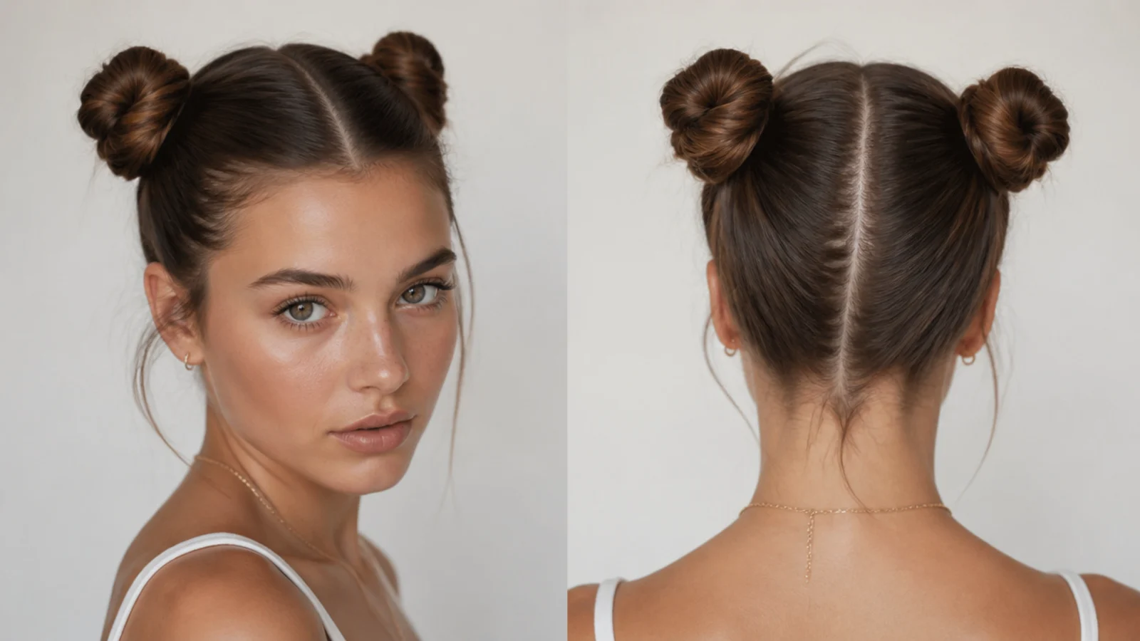 Slicked space buns with a clean glossy middle part