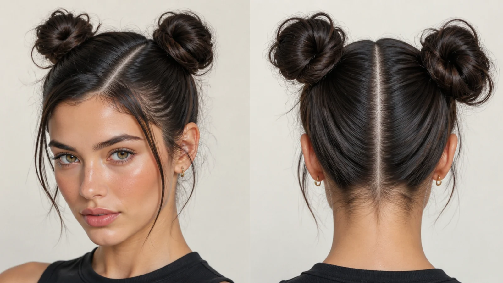 Slicked space buns with a deep glossy side part