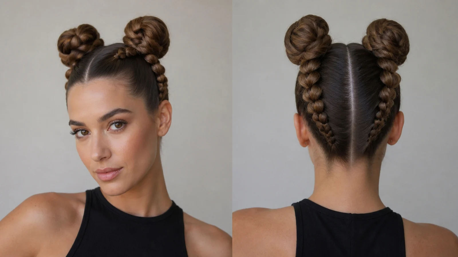 Slicked space buns with bubble-segmented ponytails leading up