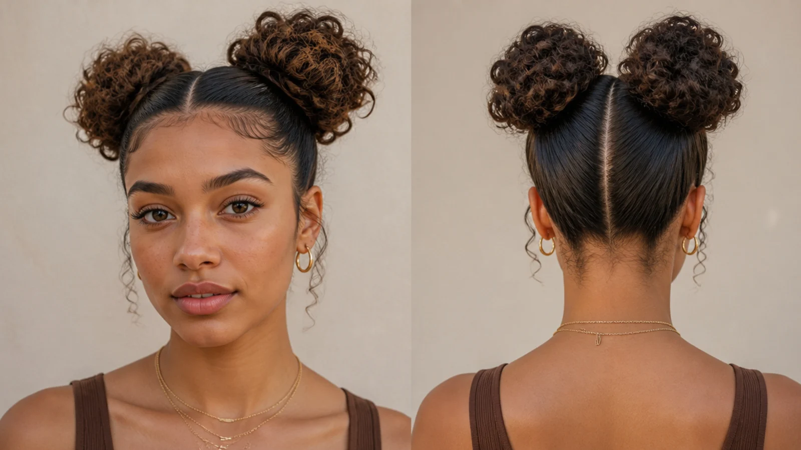 Slicked-back roots with curly space buns on top