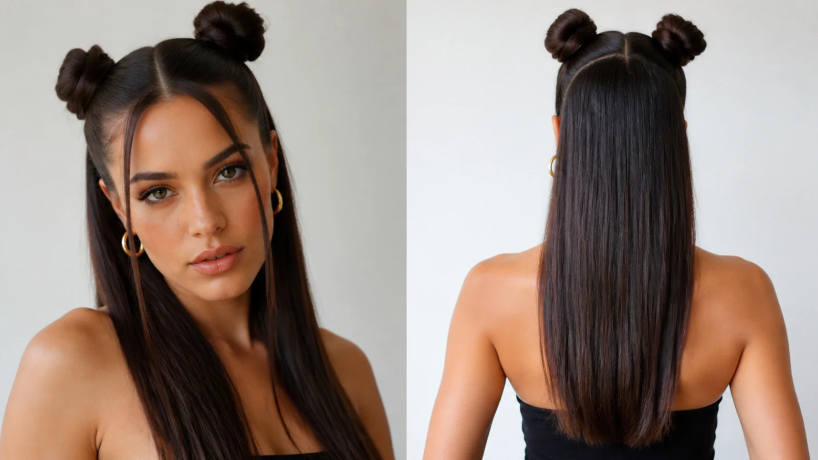 Slicked half-up space buns with sleek hair down