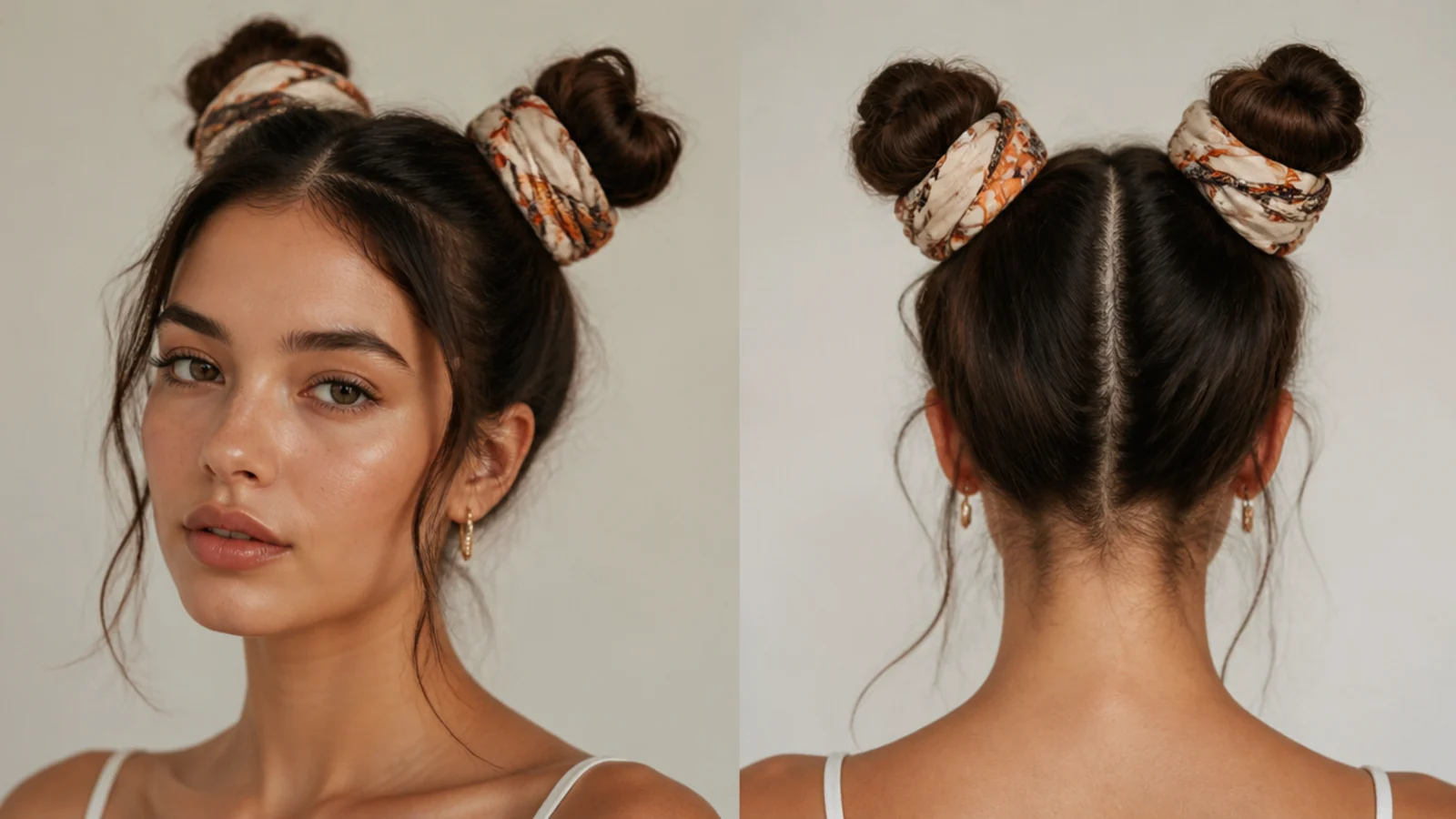 Slicked space buns wrapped with a silk scarf