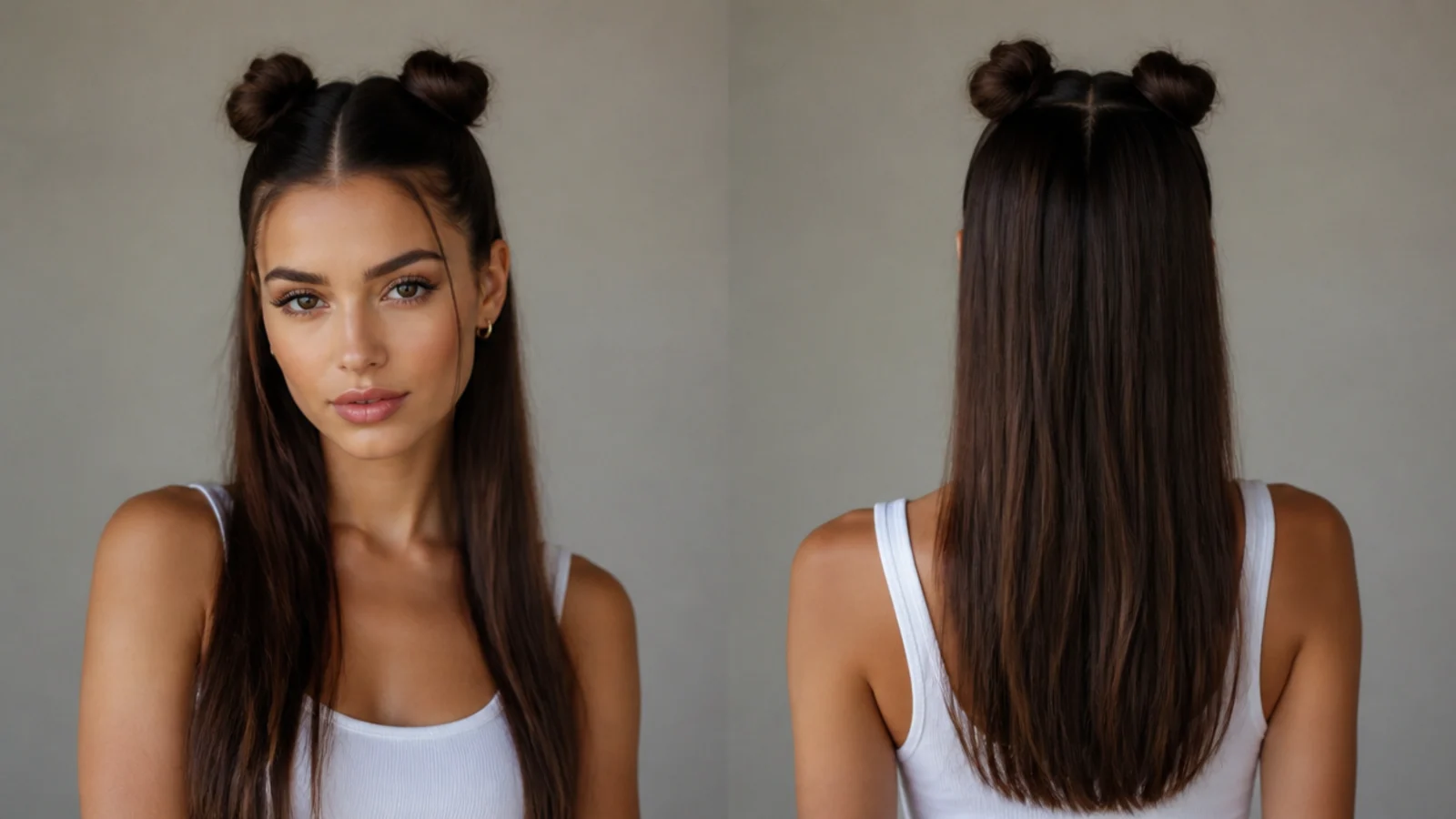 Two small mini slicked space buns with the rest of the hair sleek