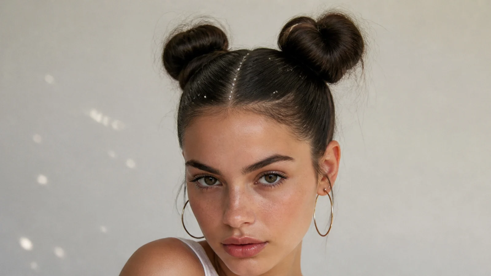 Slicked space buns with small gems along the part